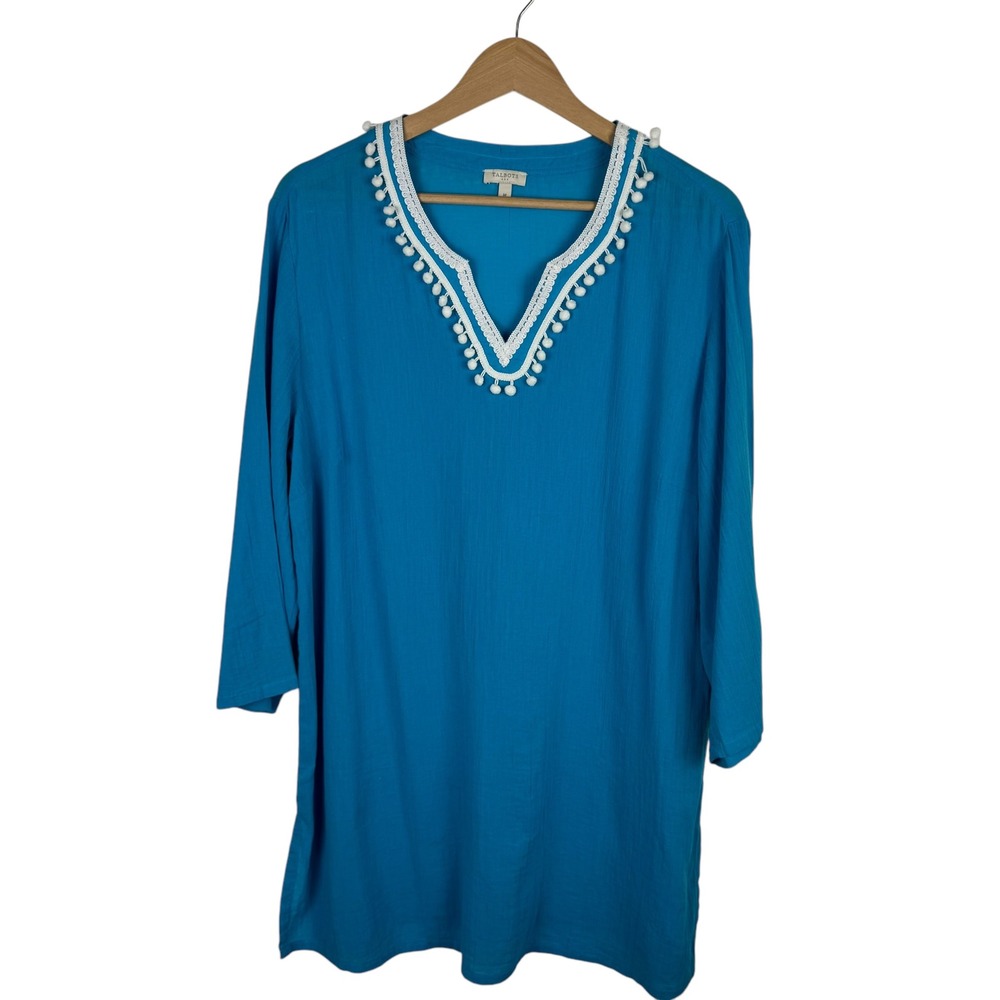 Talbots Womens Tunic Dress Size Medium Blue Pom‎ Trim Beach Cover Up Vacation